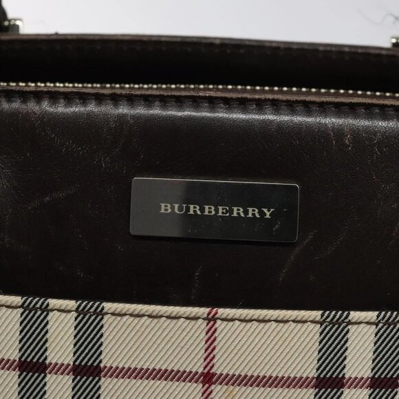 BURBERRY Nova Check Hand Bag Nylon Beige Dark Brown Silver Auth - Picture 6 of 16